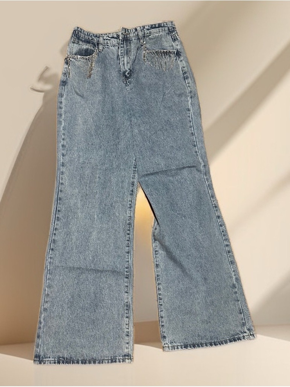 Fashion Nova Light Blue Wide-Leg Jeans with Rhinestone Fringe at Pockets